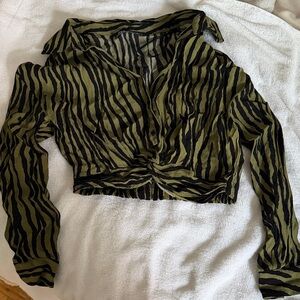 Zara Olive Green and Black Zebra-Print Twist-Front Button Crop Shirt